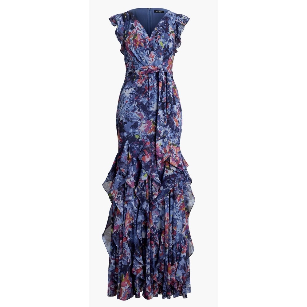 Lauren Ralph Lauren Abstract Floral Ruffle Detail Crinkle Georgette Gown Size 12